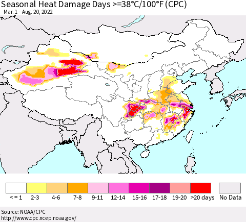 China, Mongolia and Taiwan Seasonal Heat Damage Days >=38°C/100°F (CPC) Thematic Map For 3/1/2022 - 8/20/2022