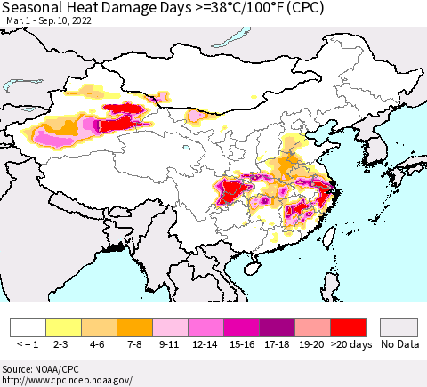 China, Mongolia and Taiwan Seasonal Heat Damage Days >=38°C/100°F (CPC) Thematic Map For 3/1/2022 - 9/10/2022