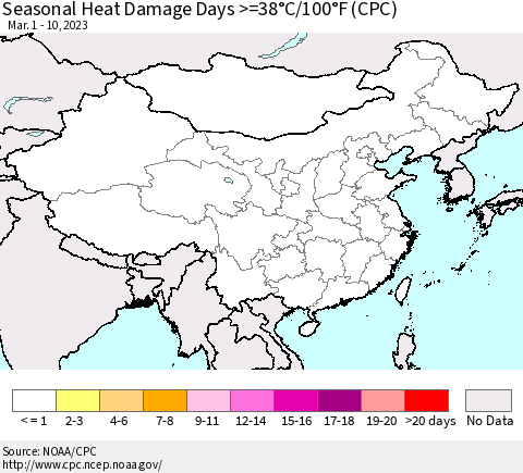 China, Mongolia and Taiwan Seasonal Heat Damage Days >=38°C/100°F (CPC) Thematic Map For 3/1/2023 - 3/10/2023