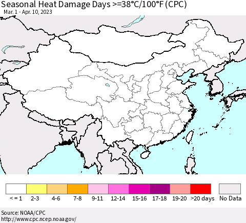 China, Mongolia and Taiwan Seasonal Heat Damage Days >=38°C/100°F (CPC) Thematic Map For 3/1/2023 - 4/10/2023