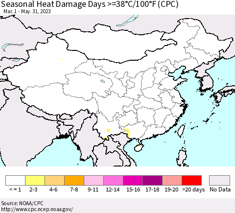 China, Mongolia and Taiwan Seasonal Heat Damage Days >=38°C/100°F (CPC) Thematic Map For 3/1/2023 - 5/31/2023