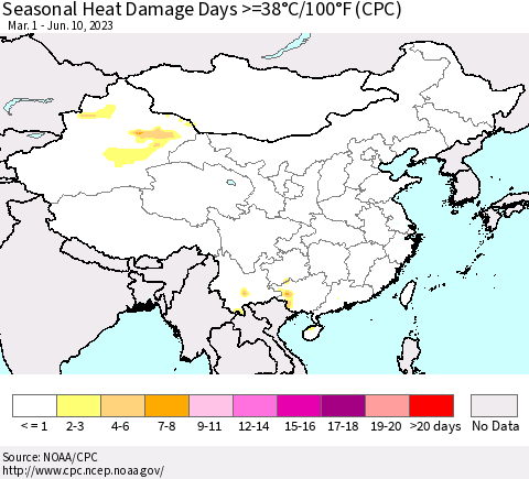 China, Mongolia and Taiwan Seasonal Heat Damage Days >=38°C/100°F (CPC) Thematic Map For 3/1/2023 - 6/10/2023