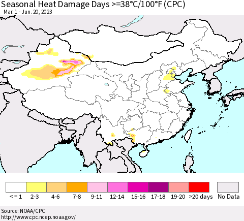 China, Mongolia and Taiwan Seasonal Heat Damage Days >=38°C/100°F (CPC) Thematic Map For 3/1/2023 - 6/20/2023
