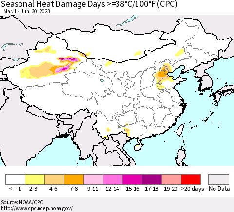 China, Mongolia and Taiwan Seasonal Heat Damage Days >=38°C/100°F (CPC) Thematic Map For 3/1/2023 - 6/30/2023