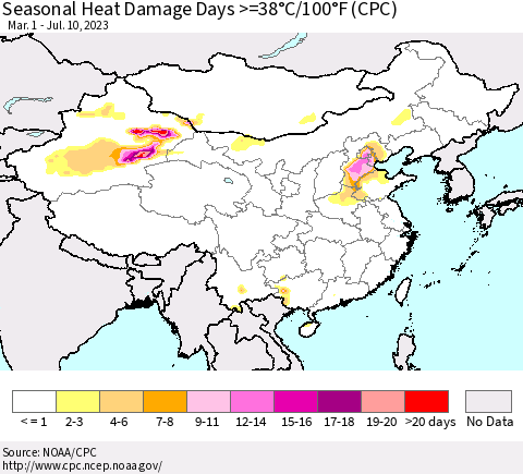 China, Mongolia and Taiwan Seasonal Heat Damage Days >=38°C/100°F (CPC) Thematic Map For 3/1/2023 - 7/10/2023