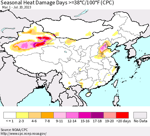 China, Mongolia and Taiwan Seasonal Heat Damage Days >=38°C/100°F (CPC) Thematic Map For 3/1/2023 - 7/20/2023