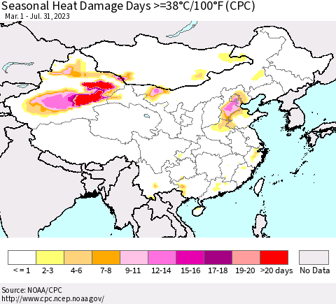 China, Mongolia and Taiwan Seasonal Heat Damage Days >=38°C/100°F (CPC) Thematic Map For 3/1/2023 - 7/31/2023