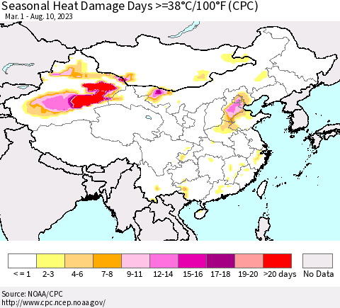 China, Mongolia and Taiwan Seasonal Heat Damage Days >=38°C/100°F (CPC) Thematic Map For 3/1/2023 - 8/10/2023