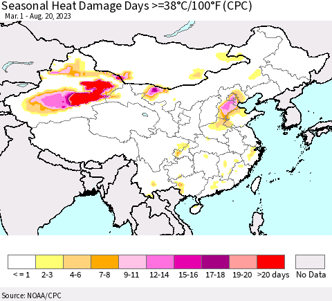 China, Mongolia and Taiwan Seasonal Heat Damage Days >=38°C/100°F (CPC) Thematic Map For 3/1/2023 - 8/20/2023
