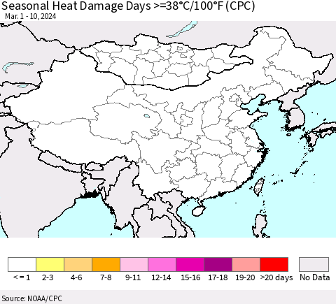 China, Mongolia and Taiwan Seasonal Heat Damage Days >=38°C/100°F (CPC) Thematic Map For 3/1/2024 - 3/10/2024