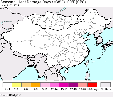 China, Mongolia and Taiwan Seasonal Heat Damage Days >=38°C/100°F (CPC) Thematic Map For 3/1/2024 - 3/31/2024