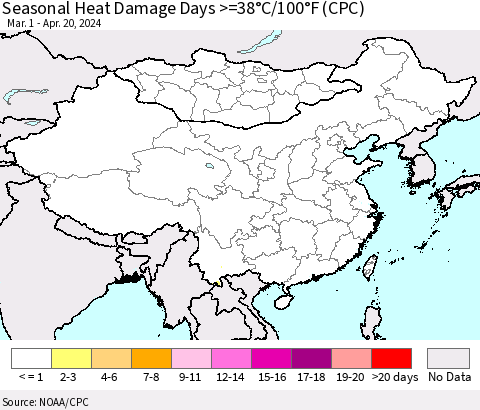China, Mongolia and Taiwan Seasonal Heat Damage Days >=38°C/100°F (CPC) Thematic Map For 3/1/2024 - 4/20/2024