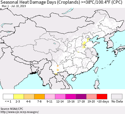 China, Mongolia and Taiwan Seasonal Heat Damage Days (Croplands) >=38°C/100°F (CPC) Thematic Map For 3/1/2019 - 7/10/2019