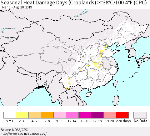 China and Taiwan Seasonal Heat Damage Days (Croplands) >=38°C/100.4°F (CPC) Thematic Map For 3/1/2019 - 8/20/2019