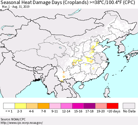 China and Taiwan Seasonal Heat Damage Days (Croplands) >=38°C/100.4°F (CPC) Thematic Map For 3/1/2019 - 8/31/2019