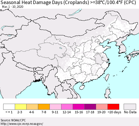 China, Mongolia and Taiwan Seasonal Heat Damage Days (Croplands) >=38°C/100°F (CPC) Thematic Map For 3/1/2020 - 3/10/2020