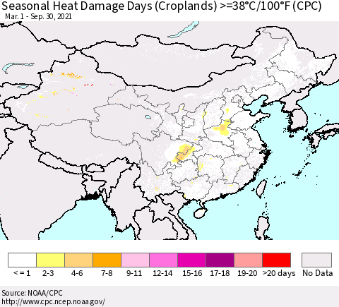 China, Mongolia and Taiwan Seasonal Heat Damage Days (Croplands) >=38°C/100°F (CPC) Thematic Map For 3/1/2021 - 9/30/2021