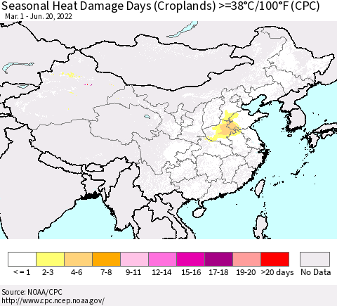 China, Mongolia and Taiwan Seasonal Heat Damage Days (Croplands) >=38°C/100°F (CPC) Thematic Map For 3/1/2022 - 6/20/2022