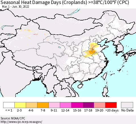 China, Mongolia and Taiwan Seasonal Heat Damage Days (Croplands) >=38°C/100°F (CPC) Thematic Map For 3/1/2022 - 6/30/2022