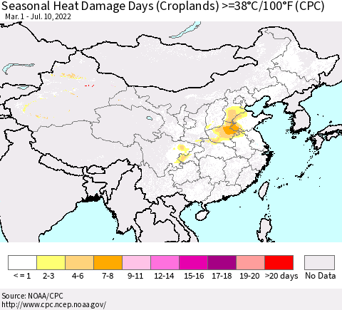 China, Mongolia and Taiwan Seasonal Heat Damage Days (Croplands) >=38°C/100°F (CPC) Thematic Map For 3/1/2022 - 7/10/2022