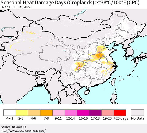 China, Mongolia and Taiwan Seasonal Heat Damage Days (Croplands) >=38°C/100°F (CPC) Thematic Map For 3/1/2022 - 7/20/2022