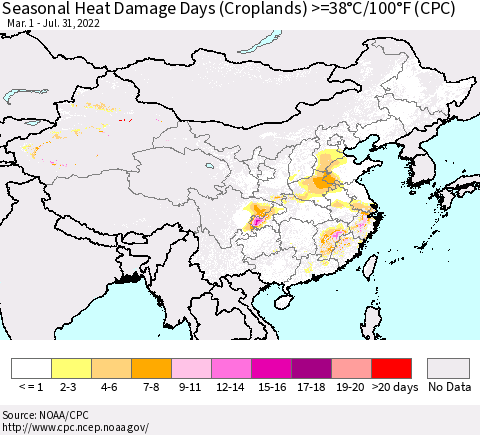 China, Mongolia and Taiwan Seasonal Heat Damage Days (Croplands) >=38°C/100°F (CPC) Thematic Map For 3/1/2022 - 7/31/2022