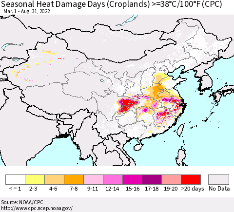 China, Mongolia and Taiwan Seasonal Heat Damage Days (Croplands) >=38°C/100°F (CPC) Thematic Map For 3/1/2022 - 8/31/2022