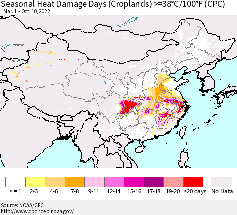 China, Mongolia and Taiwan Seasonal Heat Damage Days (Croplands) >=38°C/100°F (CPC) Thematic Map For 3/1/2022 - 10/10/2022