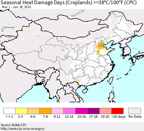 China, Mongolia and Taiwan Seasonal Heat Damage Days (Croplands) >=38°C/100°F (CPC) Thematic Map For 3/1/2023 - 6/30/2023