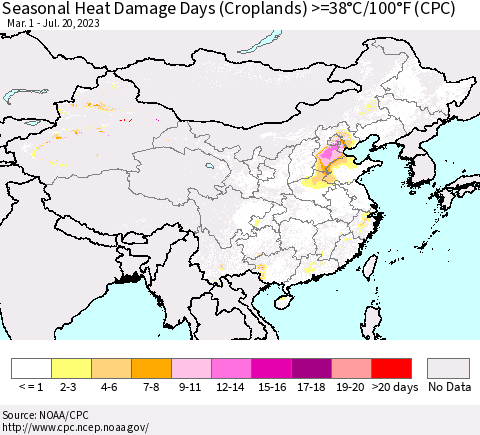 China, Mongolia and Taiwan Seasonal Heat Damage Days (Croplands) >=38°C/100°F (CPC) Thematic Map For 3/1/2023 - 7/20/2023