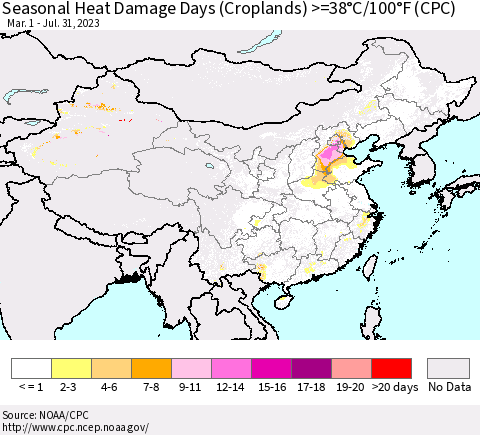 China, Mongolia and Taiwan Seasonal Heat Damage Days (Croplands) >=38°C/100°F (CPC) Thematic Map For 3/1/2023 - 7/31/2023