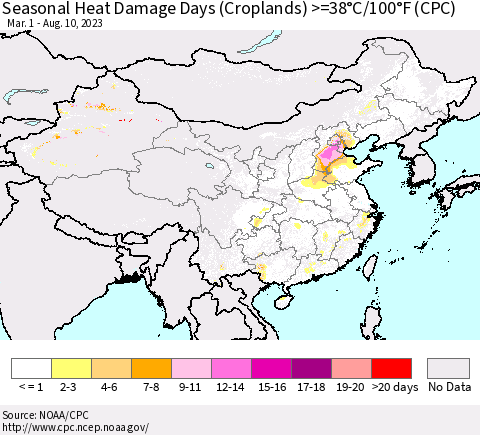 China, Mongolia and Taiwan Seasonal Heat Damage Days (Croplands) >=38°C/100°F (CPC) Thematic Map For 3/1/2023 - 8/10/2023