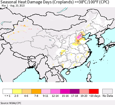 China, Mongolia and Taiwan Seasonal Heat Damage Days (Croplands) >=38°C/100°F (CPC) Thematic Map For 3/1/2023 - 8/20/2023