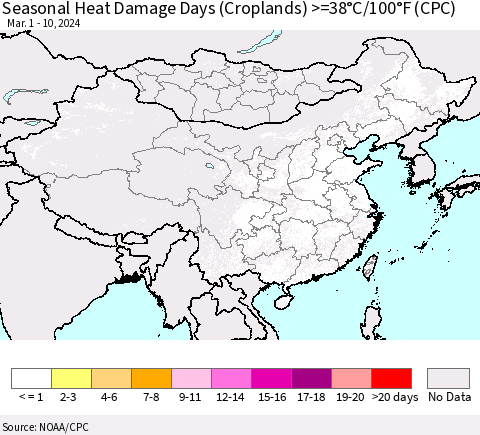China, Mongolia and Taiwan Seasonal Heat Damage Days (Croplands) >=38°C/100°F (CPC) Thematic Map For 3/1/2024 - 3/10/2024