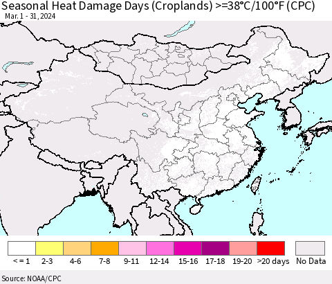 China, Mongolia and Taiwan Seasonal Heat Damage Days (Croplands) >=38°C/100°F (CPC) Thematic Map For 3/1/2024 - 3/31/2024