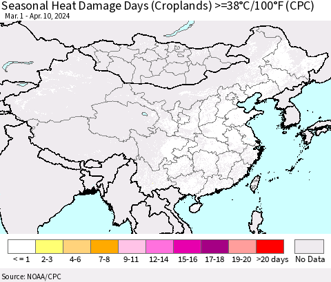 China, Mongolia and Taiwan Seasonal Heat Damage Days (Croplands) >=38°C/100°F (CPC) Thematic Map For 3/1/2024 - 4/10/2024