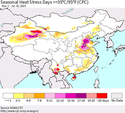 China and Taiwan Seasonal Heat Stress Days >=35°C/95°F (CPC) Thematic Map For 3/1/2019 - 7/10/2019