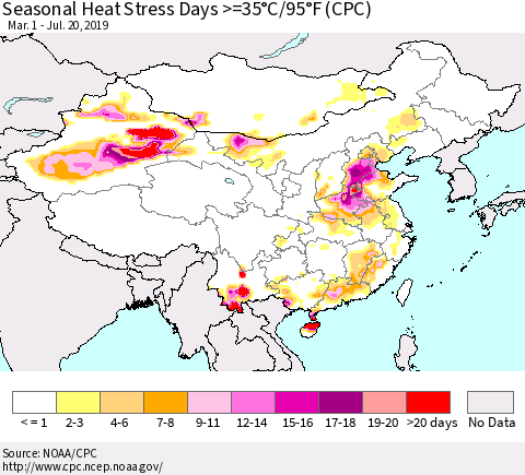 China and Taiwan Seasonal Heat Stress Days >=35°C/95°F (CPC) Thematic Map For 3/1/2019 - 7/20/2019