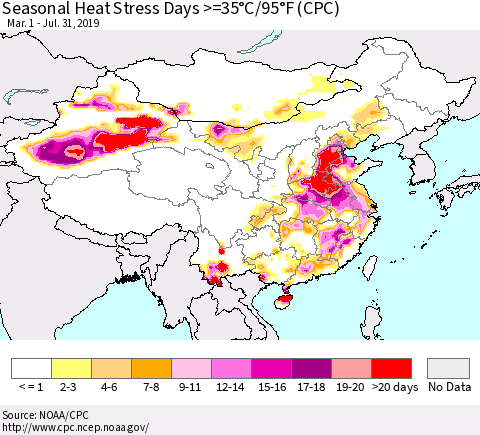 China and Taiwan Seasonal Heat Stress Days >=35°C/95°F (CPC) Thematic Map For 3/1/2019 - 7/31/2019
