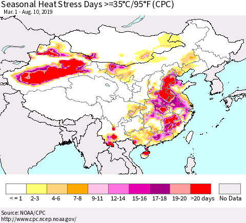 China and Taiwan Seasonal Heat Stress Days >=35°C/95°F (CPC) Thematic Map For 3/1/2019 - 8/10/2019