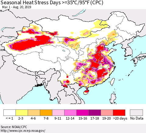 China and Taiwan Seasonal Heat Stress Days >=35°C/95°F (CPC) Thematic Map For 3/1/2019 - 8/20/2019
