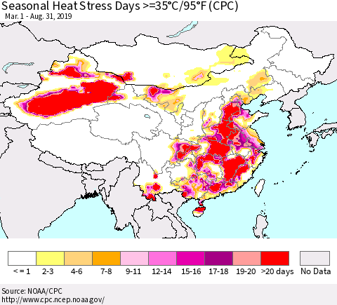 China and Taiwan Seasonal Heat Stress Days >=35°C/95°F (CPC) Thematic Map For 3/1/2019 - 8/31/2019
