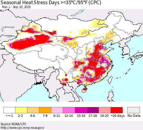 China, Mongolia and Taiwan Seasonal Heat Stress Days >=35°C/95°F (CPC) Thematic Map For 3/1/2019 - 9/10/2019