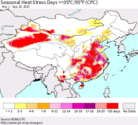 China and Taiwan Seasonal Heat Stress Days >=35°C/95°F (CPC) Thematic Map For 3/1/2019 - 9/20/2019