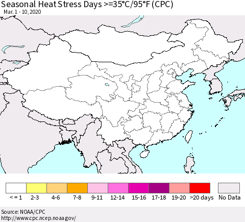 China, Mongolia and Taiwan Seasonal Heat Stress Days >=35°C/95°F (CPC) Thematic Map For 3/1/2020 - 3/10/2020
