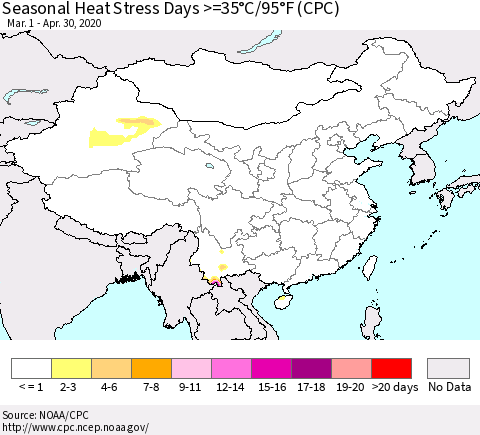 China, Mongolia and Taiwan Seasonal Heat Stress Days >=35°C/95°F (CPC) Thematic Map For 3/1/2020 - 4/30/2020