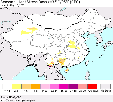 China, Mongolia and Taiwan Seasonal Heat Stress Days >=35°C/95°F (CPC) Thematic Map For 3/1/2020 - 5/10/2020