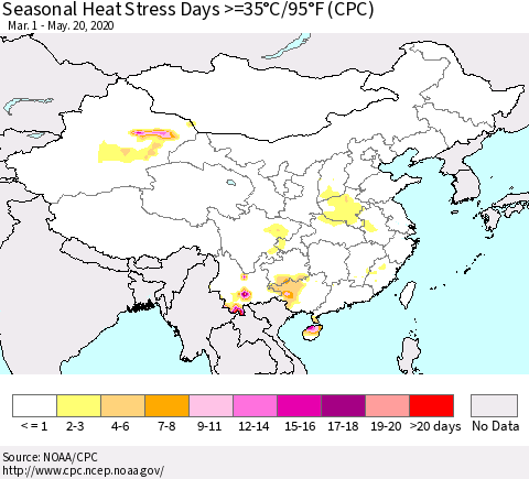 China, Mongolia and Taiwan Seasonal Heat Stress Days >=35°C/95°F (CPC) Thematic Map For 3/1/2020 - 5/20/2020