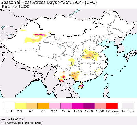 China, Mongolia and Taiwan Seasonal Heat Stress Days >=35°C/95°F (CPC) Thematic Map For 3/1/2020 - 5/31/2020