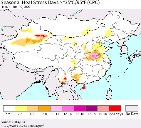 China, Mongolia and Taiwan Seasonal Heat Stress Days >=35°C/95°F (CPC) Thematic Map For 3/1/2020 - 6/10/2020
